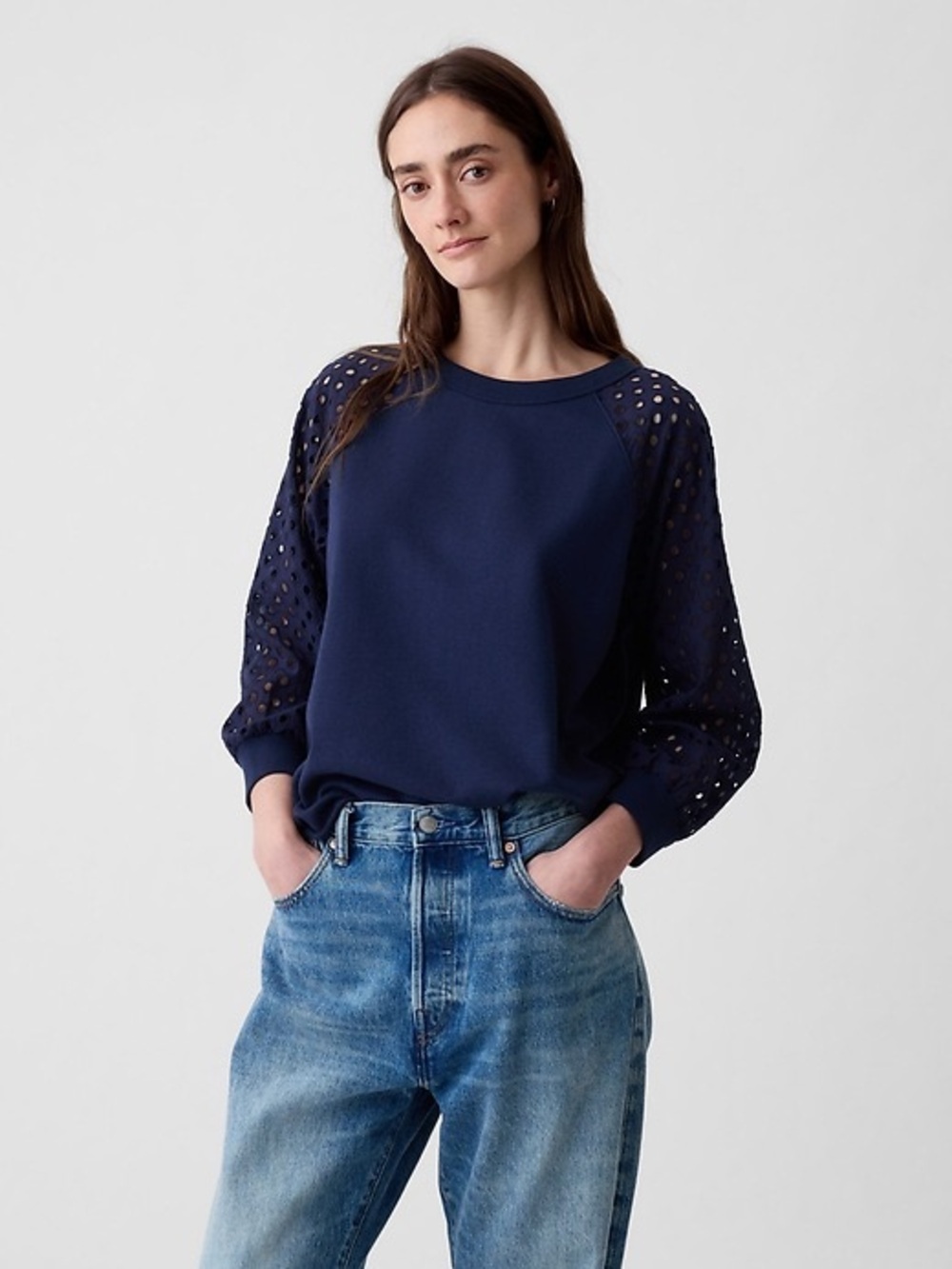 Navy Eyelet Sleeve Pullover Top